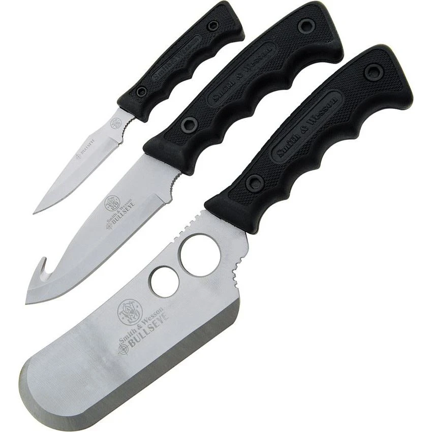 Smith & Wesson CAMP Campfire Fixed Blade Knife With Black Checkered Rubber Handle - Set Of 3 3 Smith & Wesson CAMP Campfire Fixed Blade Knife With Black Checkered Rubber Handle - Set Of 3